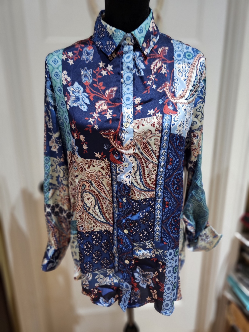 Women's Navy Blue Patchwork Paisley Button-Up Blouse